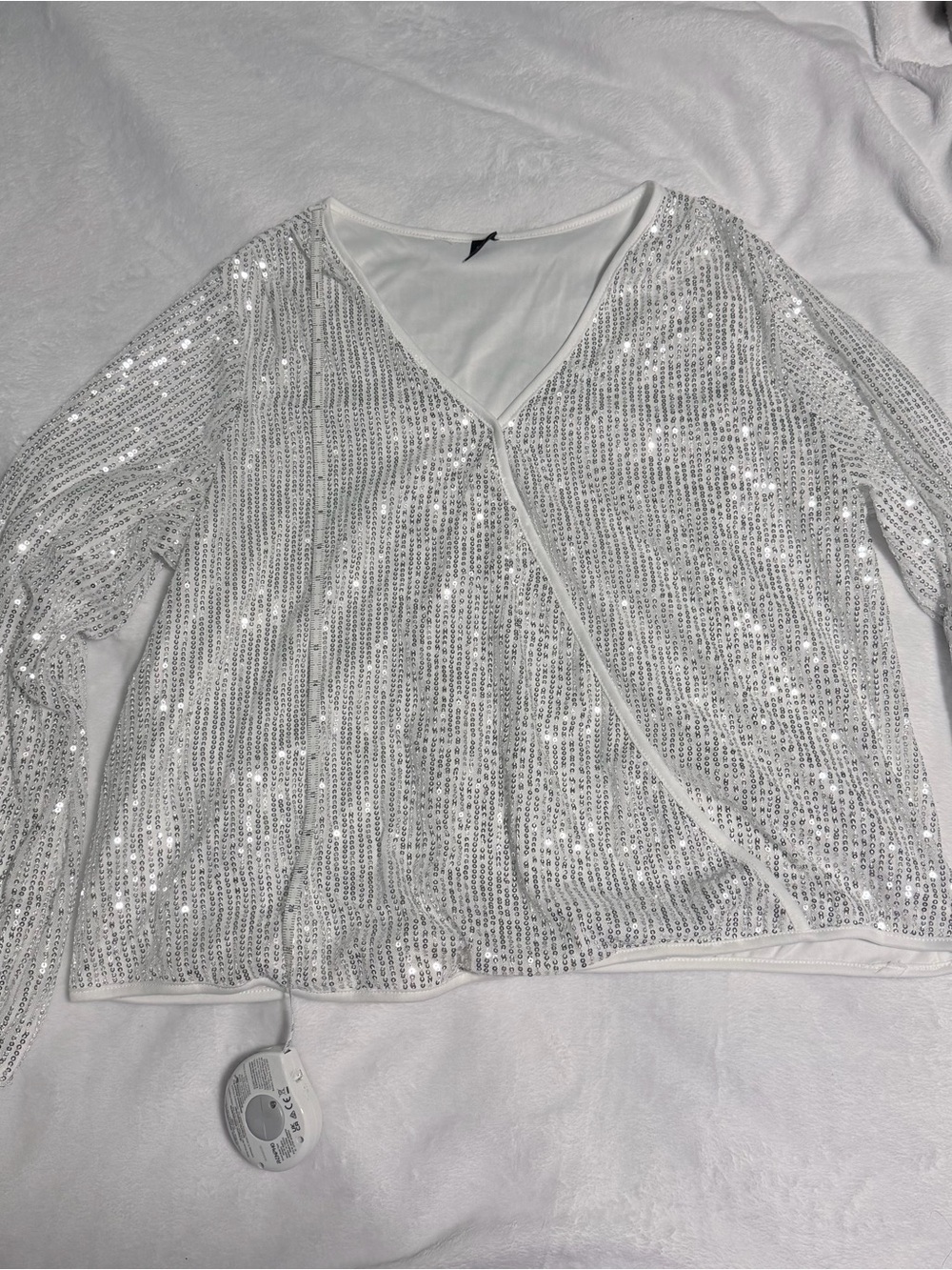 SHEIN White Sequin Wrap V-Neck Long Sleeve Top